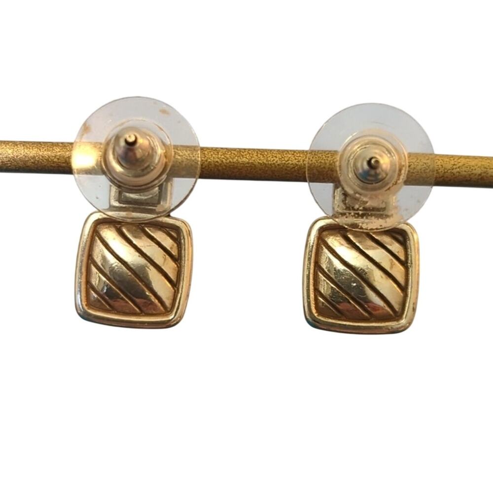 Silver Tone Textured Square W/ Emerald Cut Rhinestone Post Earring - Picture 4 of 4